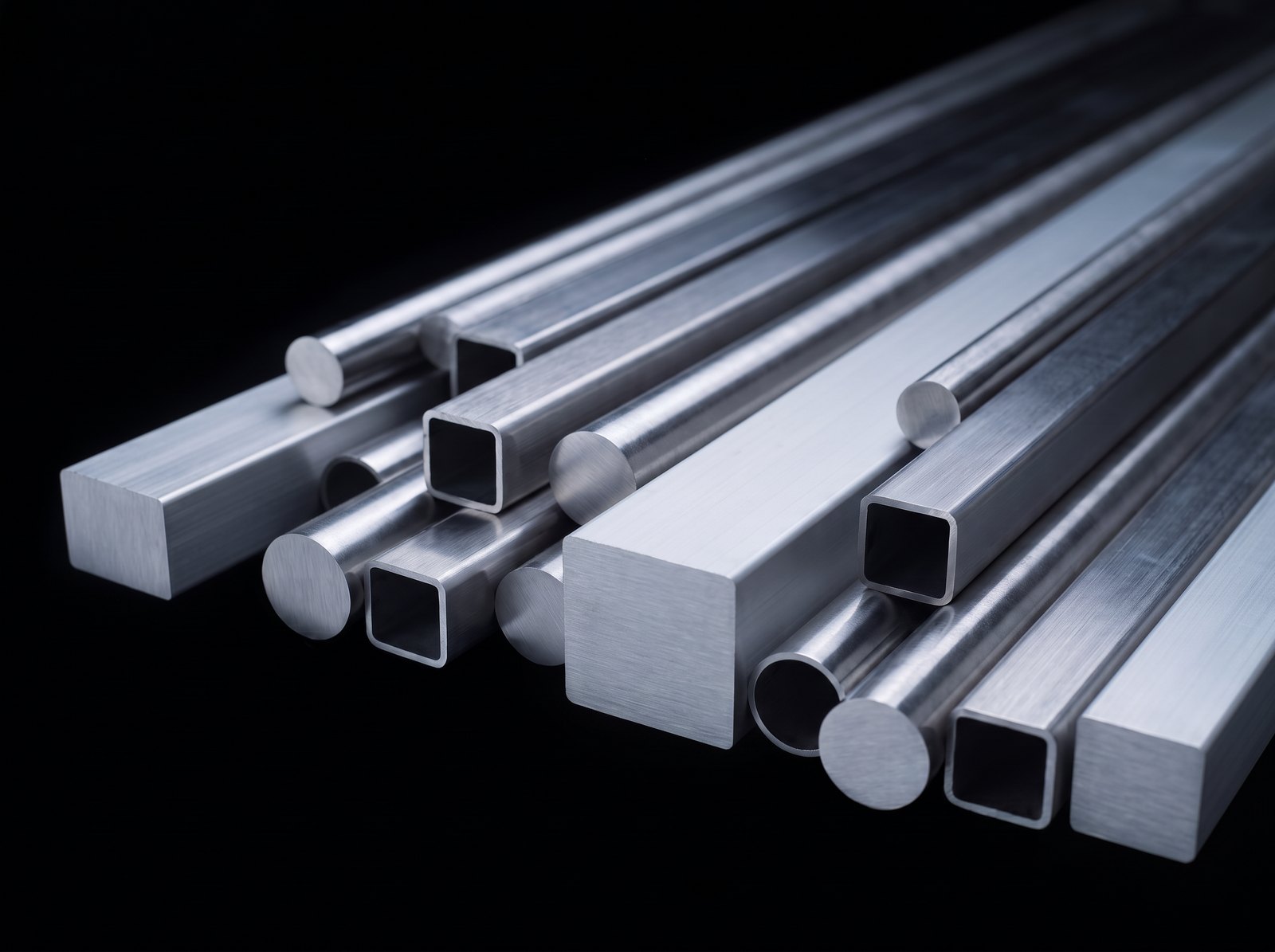 Ground stainless tube beside aluminium flat and square bar