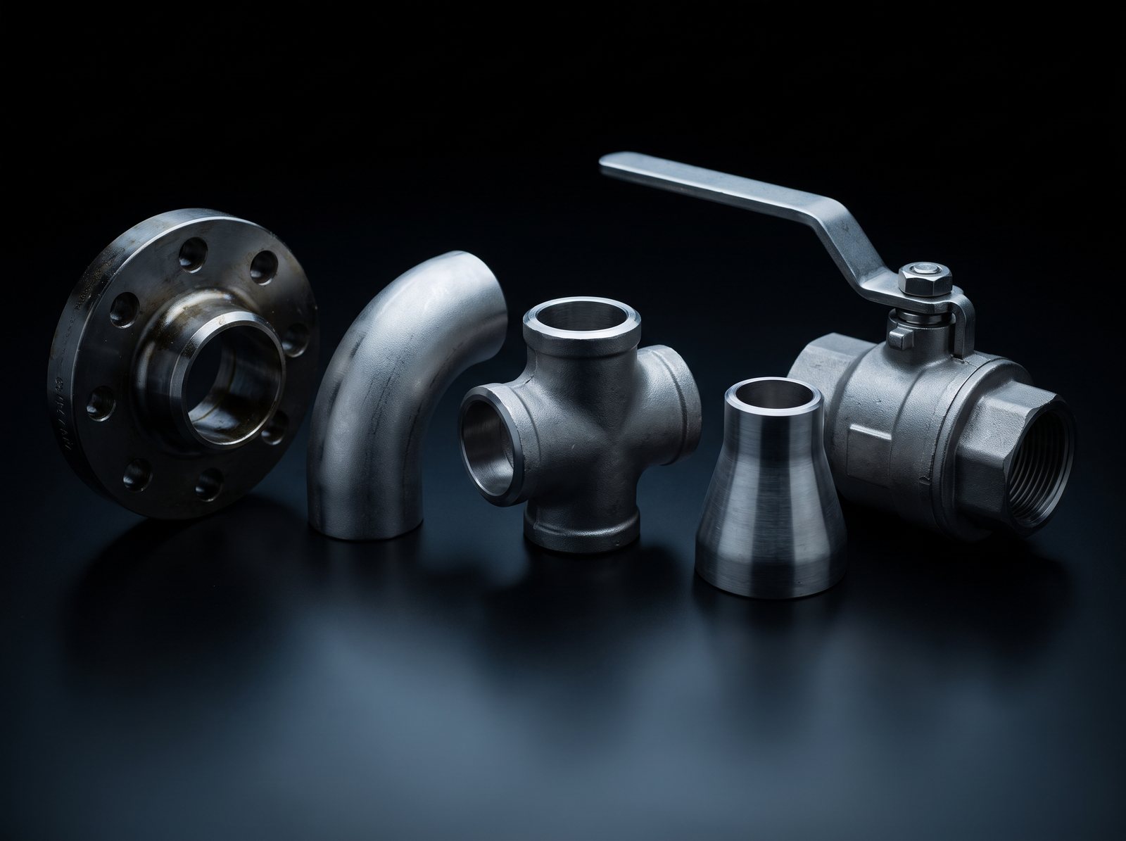Flange, elbow, reducer and ball valve in a row