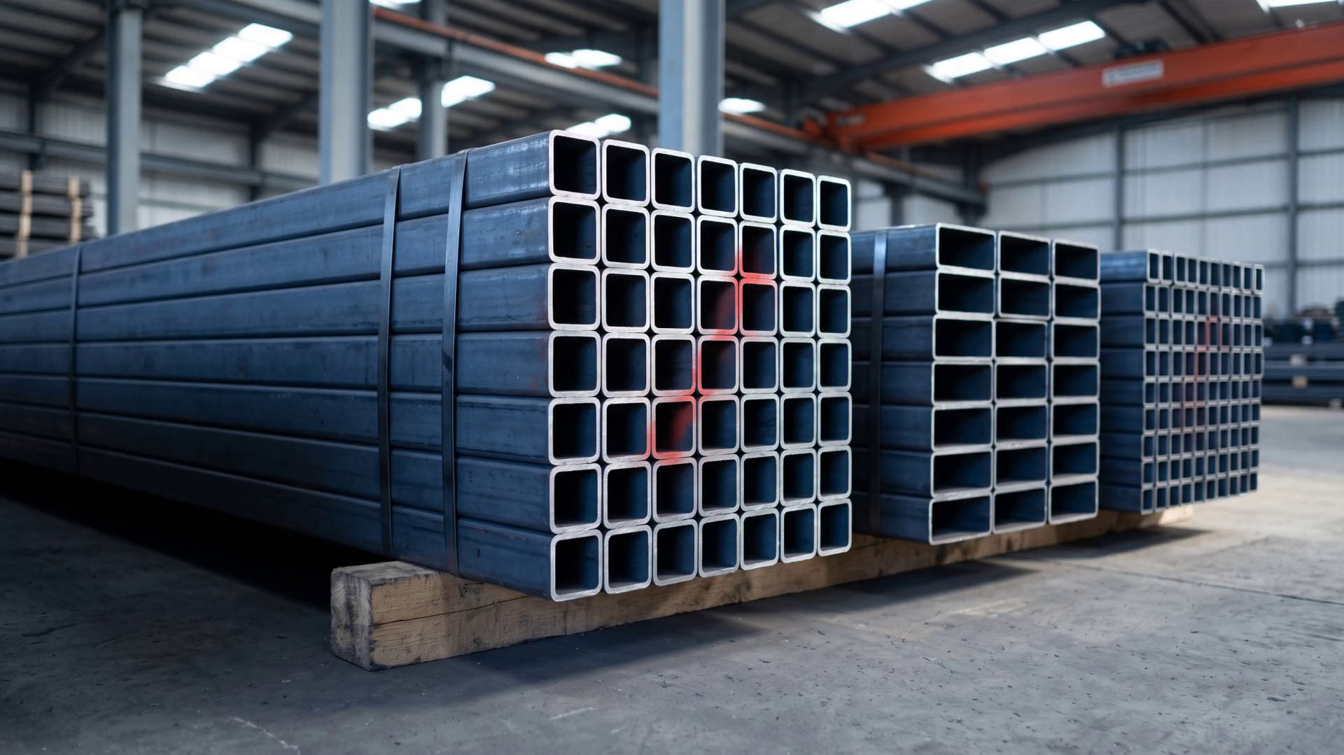 Hollow sections stacked in the warehouse, some ends marked in red.